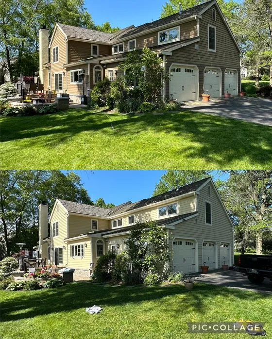 Before and after of an exterior repaint, weathered siding restored to fresh cream